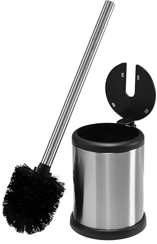 Bath Bliss Brosse à WC et Porte-Brosse avec Couvercle à Fermeture Automatique - Tête de Brosse à 360 degrés - Nettoyage de Salle de Bain - Taille compacte - Rangement et Organisation - Acier