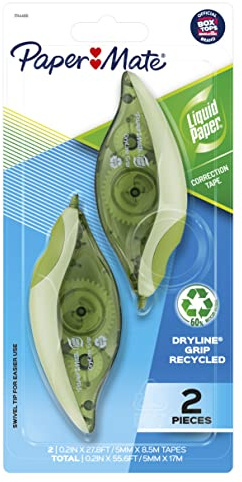 Paper Mate Liquid Paper DryLine Grip Correction Tape, Mess-Free, Recycled, 2 Count - Home, Office, Teacher Supplies, College Essentials