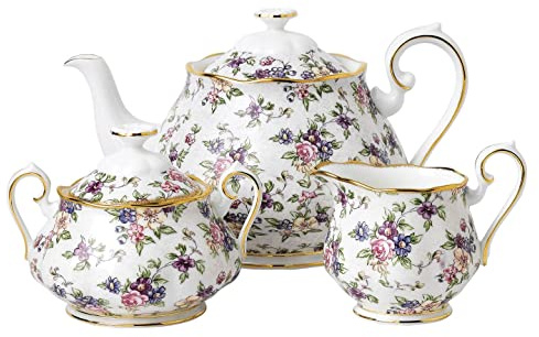 Royal Albert 100 Years 1940 English Chintz Teapot, Sugar, Cream, 3 Piece Set, White, Bone China