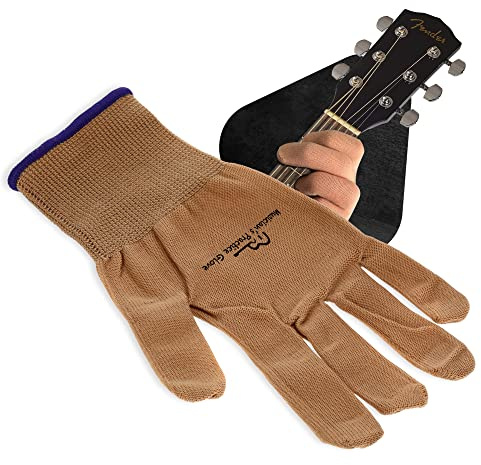 Guante de práctica para músicos - 1 paquete de guantes de guitarra para mujeres y hombres, protectores de dedos para tocar instrumentos de cuerda, problemas de manos y más, guantes finos de nailon para conciertos en interiores/exteriores, Large, Beige