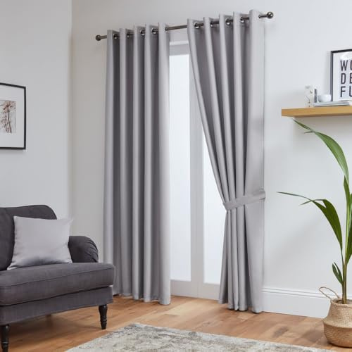 John Aird Blackout Curtains Thermal Energy Saving Eyelet Curtains for Bedroom & Living Room Including Tie Backs (Silver, W 66 x L 90 (2 Panels)