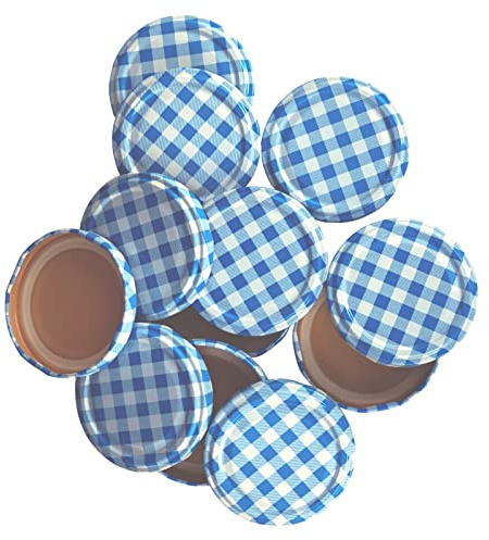 Pack Of 12 Replacement 63mm Twist On Jam Jar Lids - Blue Gingham - (Choice Of Colours)