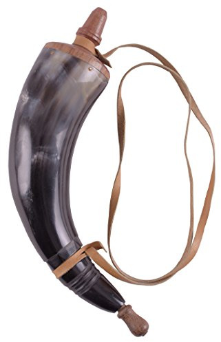 Battle-Merchant - Corno in polvere in corno di bovino con cinturino in pelle - Replica storica per rievocazione, LARP, Cosplay