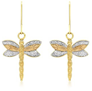 CARISSIMA Women's 9ct 3 Colour Gold Dragonfly Drop Earrings