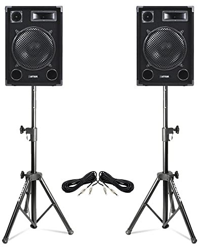 Max SP12 1400W 12 Passive DJ Speaker PA Kit with Stands and Cables – Complete Passive DJ Speakers Pair with Adjustable Tripods and 3M Jack Leads for Events, Parties, and PA Sound Systems