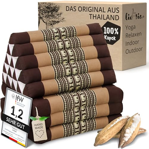 livasia Thaikissen 3 Auflagen extrahoch - 185x55x8cm - Dreieckskissen mit Klappmatratze, Kapok, Jumbo Rückenkissen faltbar, Thaimatte Klappen, handgefertigt, Meditationskissen (Braun/Elefanten)