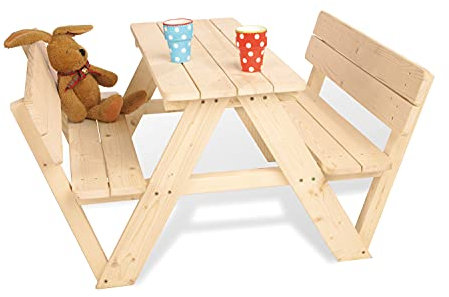 PINOLINO Nicki 4er Kindersitzgruppe mit Lehne - Kindertisch - Picknicktisch aus Massivholz, Kinder Spielbar - Sitzbank für draußen, Kindergartenmöbel ab 2 Jahren, Outdoor-Tisch 90 x 105 x 51 cm