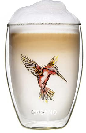 Creano Bicchiere Termico Doppia Parete 250ml Colibrì Rosso – Bicchiere in Vetro Borosilicato con Stampa Uccello – Tazza Termica Latte Macchiato Ideale Regalo Elegante con Scatola - 1x 250ml