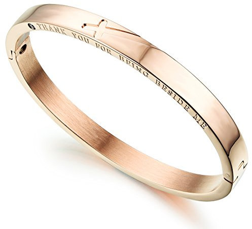 JewelryWe Damen Armreif Kreuz Armband: Edelstahl Zirkonia Diamant Seitliches Kreuz Armspange Freundschaftsarmband mit Gravur Thank You for Being Beside me Rosegold