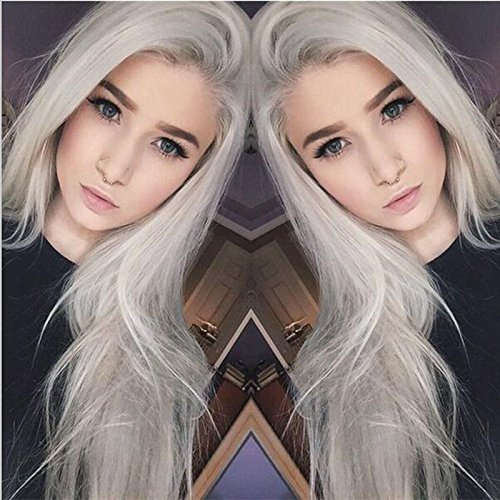 Perruque synthétique résistante à la chaleur avec coupe longue et raide, filet avant et cheveux gris argenté Sans adhésif Pour femme