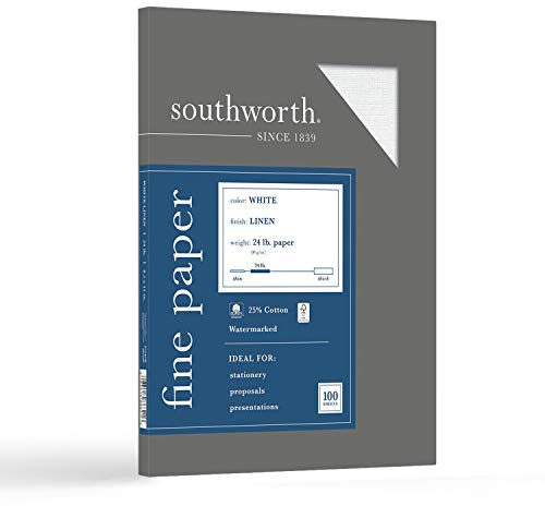 Southworth® 25% Cotton Linen Business Paper, White, Letter (8.5 x 11), 100 Sheets Per Pack, 24 Lb, 94 Brightness