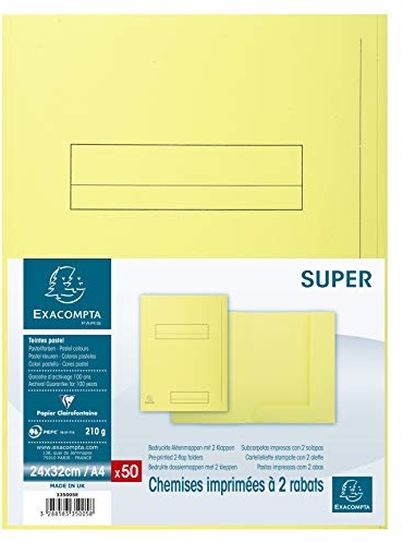 Exacompta - Réf. 335005E - Paquet de 50 chemises rigides imprimées avec 2 rabats SUPER 210 g/m² - couleurs pastel - chemises certifiées PEFC™- dimensions 24 x 32 cm pour format A4 - couleur canari
