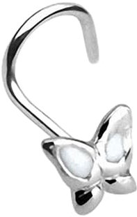 Piercingfaktor Piercing Stab Stecker Barbell Nase Nasenpiercing Nasenstecker Tragus Helix Ohr Lippe 925 Silber Spirale gebogen mit Schmetterling Silber Weiß