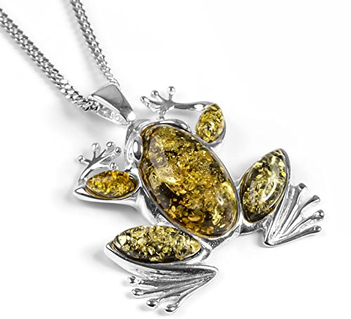 Klassisk baltisk grön bärnsten och silver groda hänge/brosch på en 16,5 silverkedja