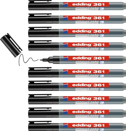 Edding 361 Marcatore per lavagna bianca - nero - Conf. 10 pz - punta tonda 1 mm - pennarello cancellabile a secco - anche per lavagne a fogli mobili, bacheche, lavagne magnetiche, memo - ricaricabili