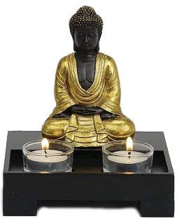 Davartis Buddha sitzend auf Podest mit 2 Teelichthaltern aus Polyresin