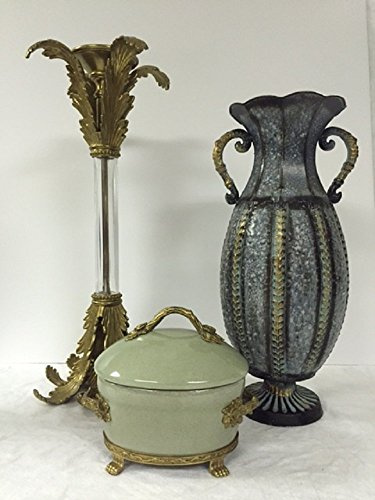 Accessories Collection - John Richard Accessories - Solid Brass & Acrylic Candleholder, Hammered Metal Vase, and Mint Green Lidded Cachepot