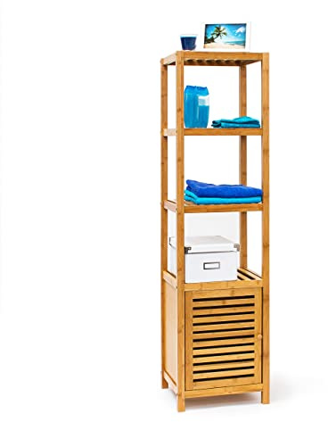 Relaxdays Badregal Bambus mit 5 Ablageflächen HxBxT 140x36,5x33 cm praktisches Holzregal mit mehreren Ebenen und Schrankteil mit magnetischem Verschluss mit Stauraum für Bad und Wohnzimmer, natur
