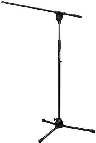 MONACOR MS-90/SW Mikrofon-Bodenstativ, Mikrofonständer mit längenverstellbarem, schwenkbarem Ausleger und trittschallgedämpften Klappfüßen, Gewinde 9 mm (3/8), in Schwarz