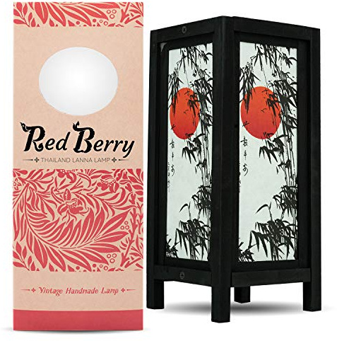 RED BERRY THAILAND LANNA LAMP - Thai Vintage Handmade Asian Oriental Handcraft Japanese Sunset Bamboo Tree Art Bedside Table Light or Floor Wood Lamp Home Bedroom Decor Modern JP Sunset Bamboo 5CE