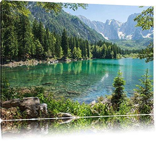 Pixxprint Wunderschöner See im Wald, Größe: 100x70cm, Leinwandbild, fertig gespannt, Wandbild, Dekoration, Kunstdruck, kein Poster