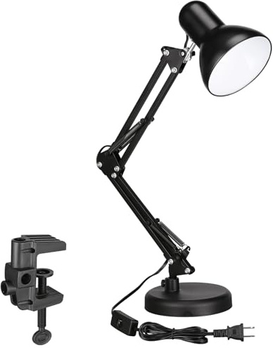 TORCHSTAR Metal Desk Lamp with Clamp, Swing Arm, Architect Adjustable Gooseneck Table Lamp, Clip Desk Lights for Home Office, Work, Study, Reading, E26 Base, Multi-Joint, Black