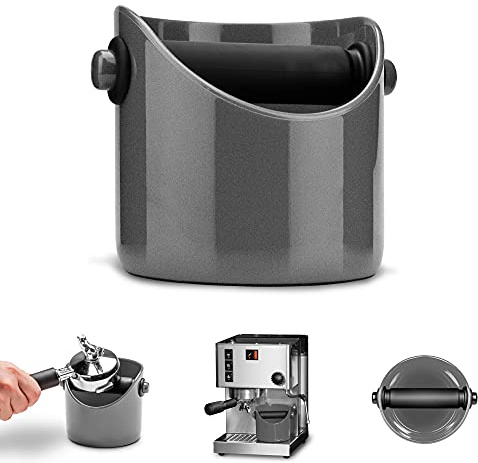 Dreamfarm Grindenstèin Sturdy, Compact, Modern Space-Saving Espresso Coffee Grind Knock Box - Silver | Space-saving espresso puck knock box, durable steel core and shock-absorbing rubber sleeve, dishwasher safe, 8 puck capacity