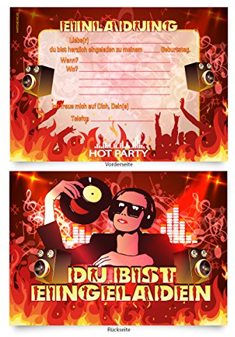 Einladungskarten (8 Stück) zum Ausfüllen für Geburtstag - „DJ“ Musik