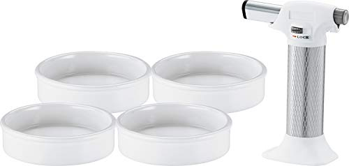 RÖSLE Crème Brûlée Set Tradition, 5-teilig, Flambierbrenner incl. vier Keramik-Förmchen, stufenlose Flammenregulierung bis zu 1.300 °C