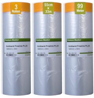 Colorus Abdeckfolie mit Klebeband – 3er Set 140 cm x 33 m – Goldband Masker Tape – selbstklebende Malerfolie – Abdeckband für Fensterfronten, Türen & Möbel – statisch haftend