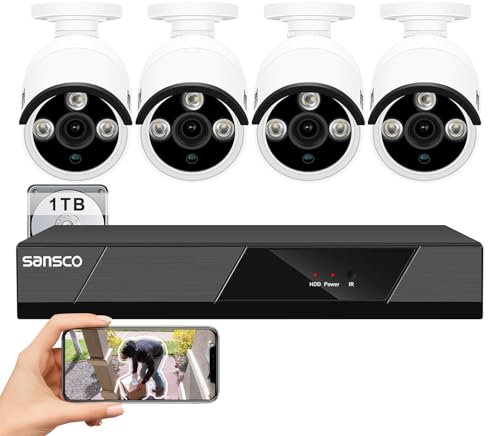 SANSCO PoE CCTV Security Camera System with 1TB Hard Drive Audio Recording, 8CH 4K NVR + (4) 4MP Outdoor IP Cameras (2560x1440, Built-in Mic, AI Human/Face Detection, Night Vision, Remote Access)