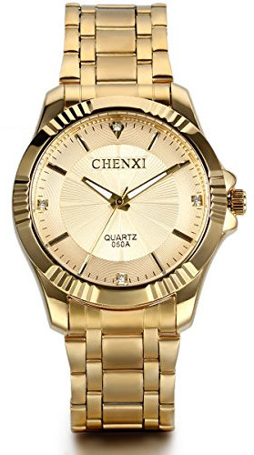 JewelryWe Herren Armbanduhr, Analog Quarz, Luxus Strass Business Casual Uhr mit Gold Edelstahl Armband & Gold Zifferblatt