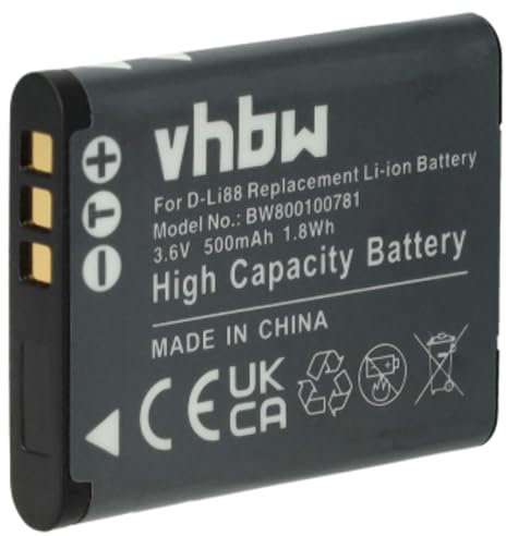 vhbw Li-Ion Battery 500 mAh (3.6 V) Compatible with Camera, Camcorder, Video Panasonic HX-DC10, HX-WA10, HX-DC1, HX-DC2, HX-DC3 Replacement for VW-VBX070, VW-VBX070E