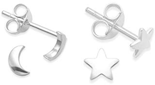 Heather Needham Sterling Silver Moon and Star Earrings Set - One Pair of Each - Hypoallergenic Stud Earrings - Size 5mm & 4.7mm.(small and discreet) Gift boxed. 5140/5150