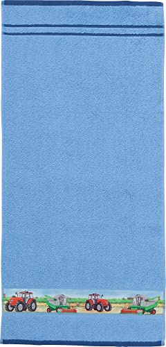 Erwin Müller Kinder-Handtuch Frottier hellblau Größe 50x100 cm - mit Webbordüre Traktor, Bauernhof, 100% Baumwolle