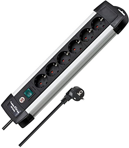 Brennenstuhl Premium-Alu-Line, Steckdosenleiste 6-Fach/Steckerleiste aus hochwertigem Aluminium (Mehrfachsteckdose mit Schalter und 3m Kabel, Made in Germany) Silber/schwarz