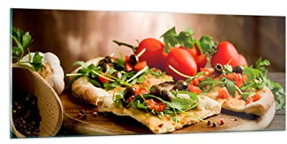 ARTTOR Glasbild 100x40cm Wandbild Glasdruck Küche - 2540 | Pizza Vegetarier Italien Panorama Groß Modern Dekoration Wohnzimmer Schlafzimmer Küche Wanddeko Kunstdruck Art ARTTOR