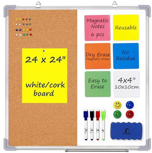 Cork Board White Board Combo 24 x 24 in – Wall Hanging Dry Erase and Bulletin Board with Markers, Magnets, Thumb Tacks & Reusable Magnetic Notes – Reminder Board Organizer for Home and Office