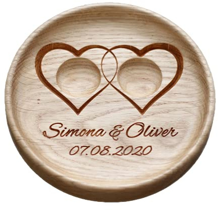 Ringkissen Hochzeit Holz mit gravierten Namen und Datum, Geschenk hochzeit, Ringschale, Ringträger für die Hochzeit Zwei Herzen, Two Hearts.