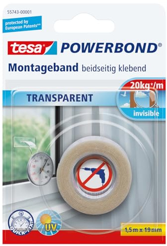 tesa Powerbond Montageband Transparent - doppelseitiges Klebeband - durchsichtiges Montage-Klebeband - transparent, 1,5 m x 19 mm, 1 Rolle