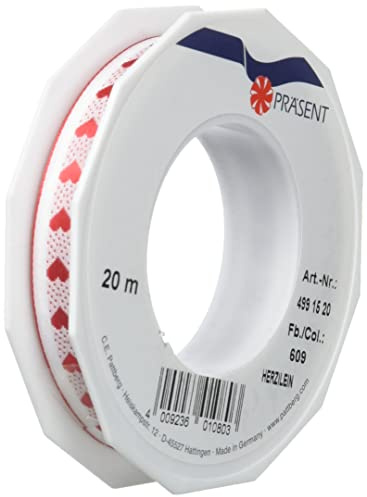 PRÄSENT Herzilein Dekorationsband weiß/rot, 20 m Elegantes Geschenkband zum Verzieren & Basteln, 15 mm Breite, Schleifenband für Hochzeit, Taufe & andere besondere Anlässe