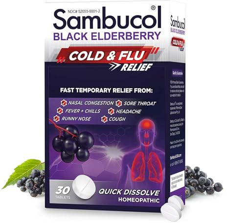 Sambucol Cold and Flu Relief Tablets - Homeopathic Black Elderberry Cold Medicine, Drowsy Free Remedy for Adults with Zinc, Quick-Dissolving Tablets for Men and Women - 30 Count
