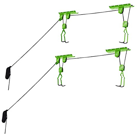 Bike Hanger Set - Set of 2 Overhead Pulley System Bike Hangers for Garage or Shed with 100lb Capacity for Bicycles or Ladders by Rad Sportz (Green)