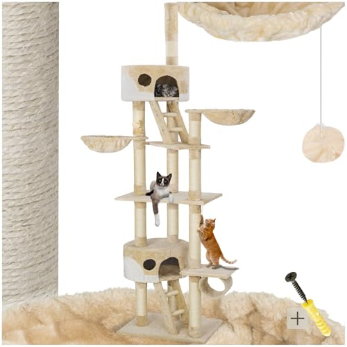 tectake® Árbol para Gatos Rascador, 2 Casetas, Varias Alturas, 3 Plataformas, Protección Antivuelco, Cama Gatos, Juguetes para Gatos, Rascadores para Gatos, Torre Gatos - Beige/Blanco