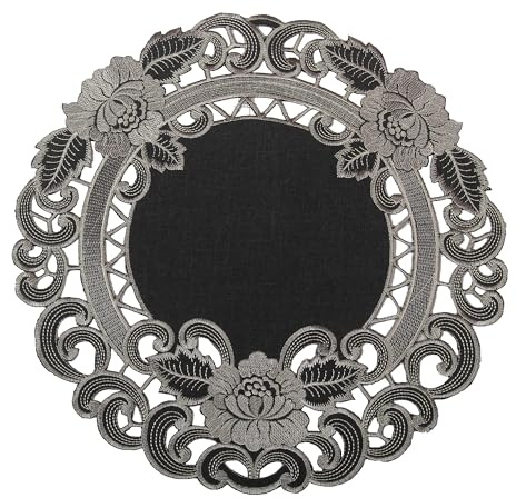 Grau Tischaufleger Tisch-Deckchen Leinen-Optik Blumen Stickerei (ca. 39 cm Rund)
