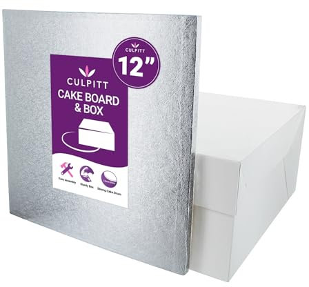 Culpitt 12 Square Silver Cake Drum Board & White Cake Box Combo, 12 Inch Box and Matching Board Set For Cake Transport