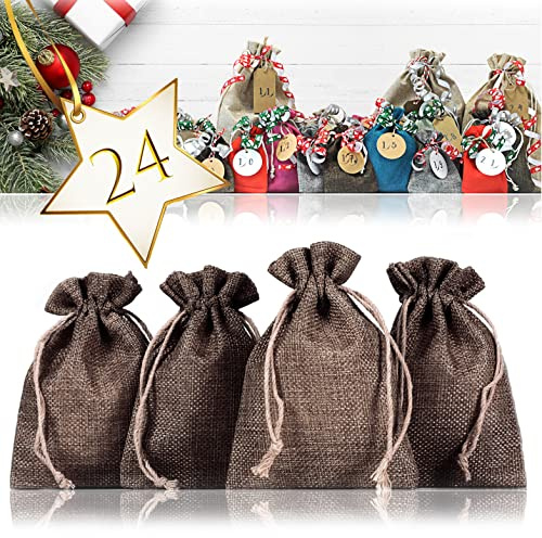 Ganzoo Jutesäckchen 24er Set für Adventskalender, Geschenkverpackung aus 100% Naturjute, dunkelbraun, 13 cm x 9,5 cm, Stoffbeutel mit Band zum Verschließen im Saum, inkl. Geschenk-Schachtel