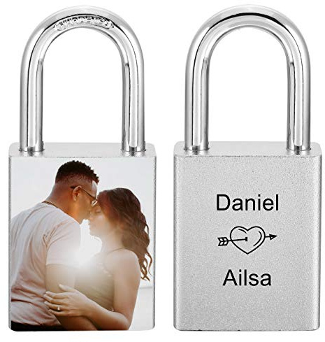 MeMeDIY Personalized Love Lock Engraving Photo/Name/Text/Date/Symbols Custom Picture for Couples Men Women Boyfriend Girlfriend Lover Aluminum Memorial Anniversary Valentine Bridge Padlock with Key