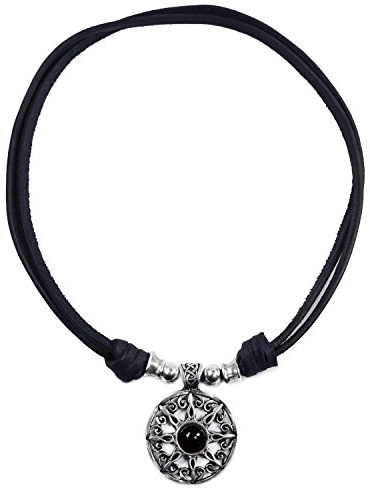 Beau Soleil Jewelry Damen Lederkette Halskette mit Onyx Sonnen Anhänger Längenverstellbar Lederschmuck mit Edelstein
