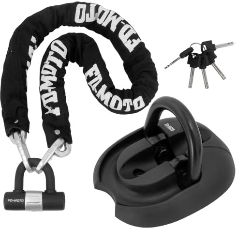 FD-Moto Black/White Steel Chain Lock + Ground Wall Anchor (4 Bolts) | 3Kg 1.2M*10mm Steel Anti-Theft Heavy Duty for Motorbike Motorcycle Scooter Bike Bicycle